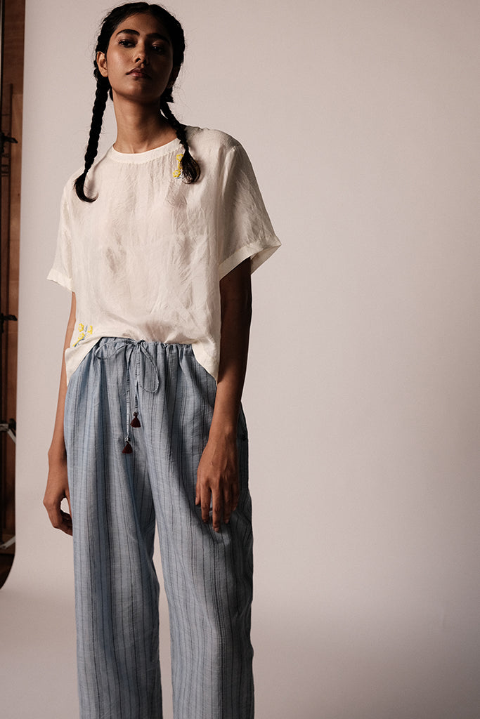 Anjira Pants Blue Cotton Stripe BOTTOMS IKKIVI