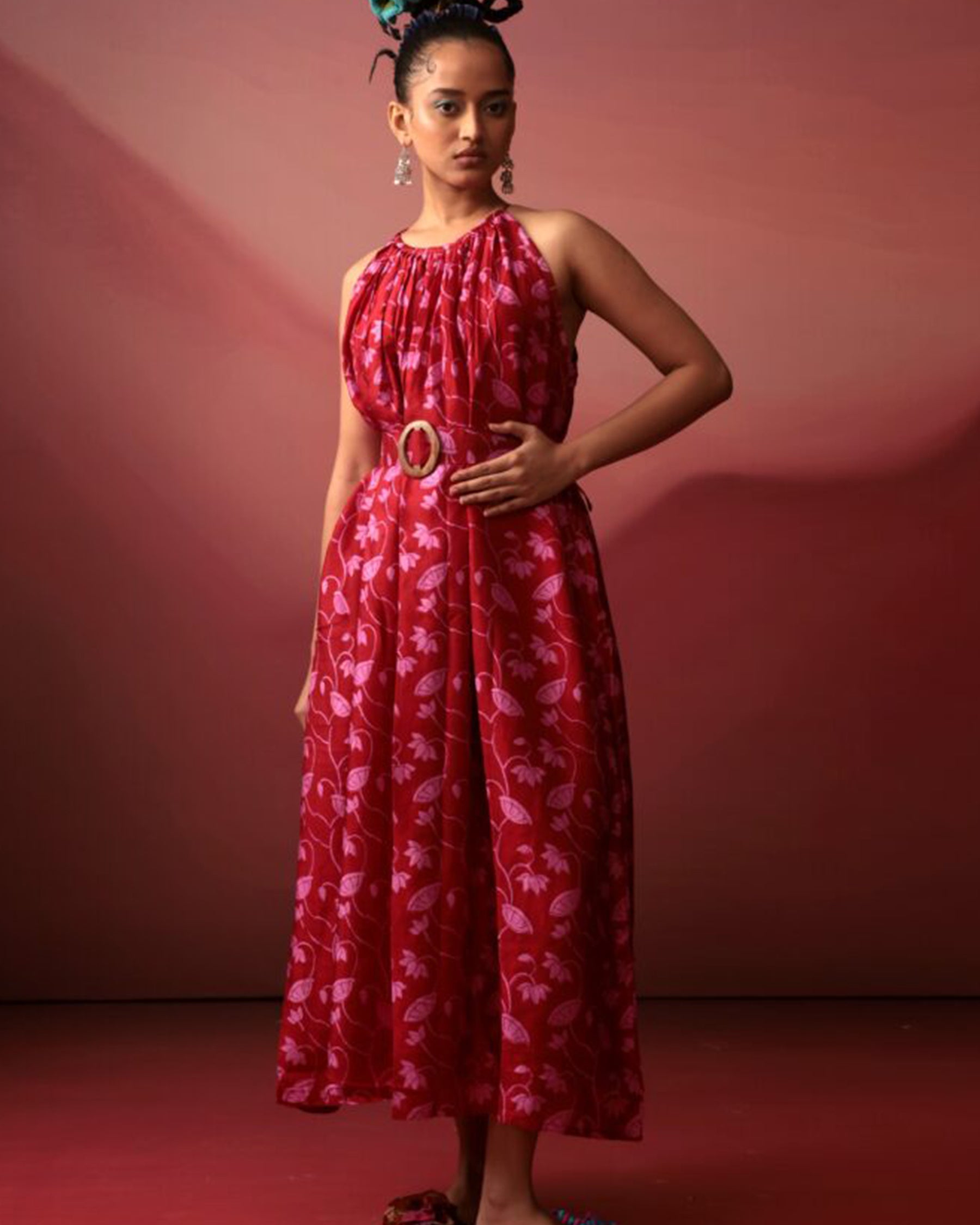 Crimson Floral Midi Dress DRESSES IKKIVI