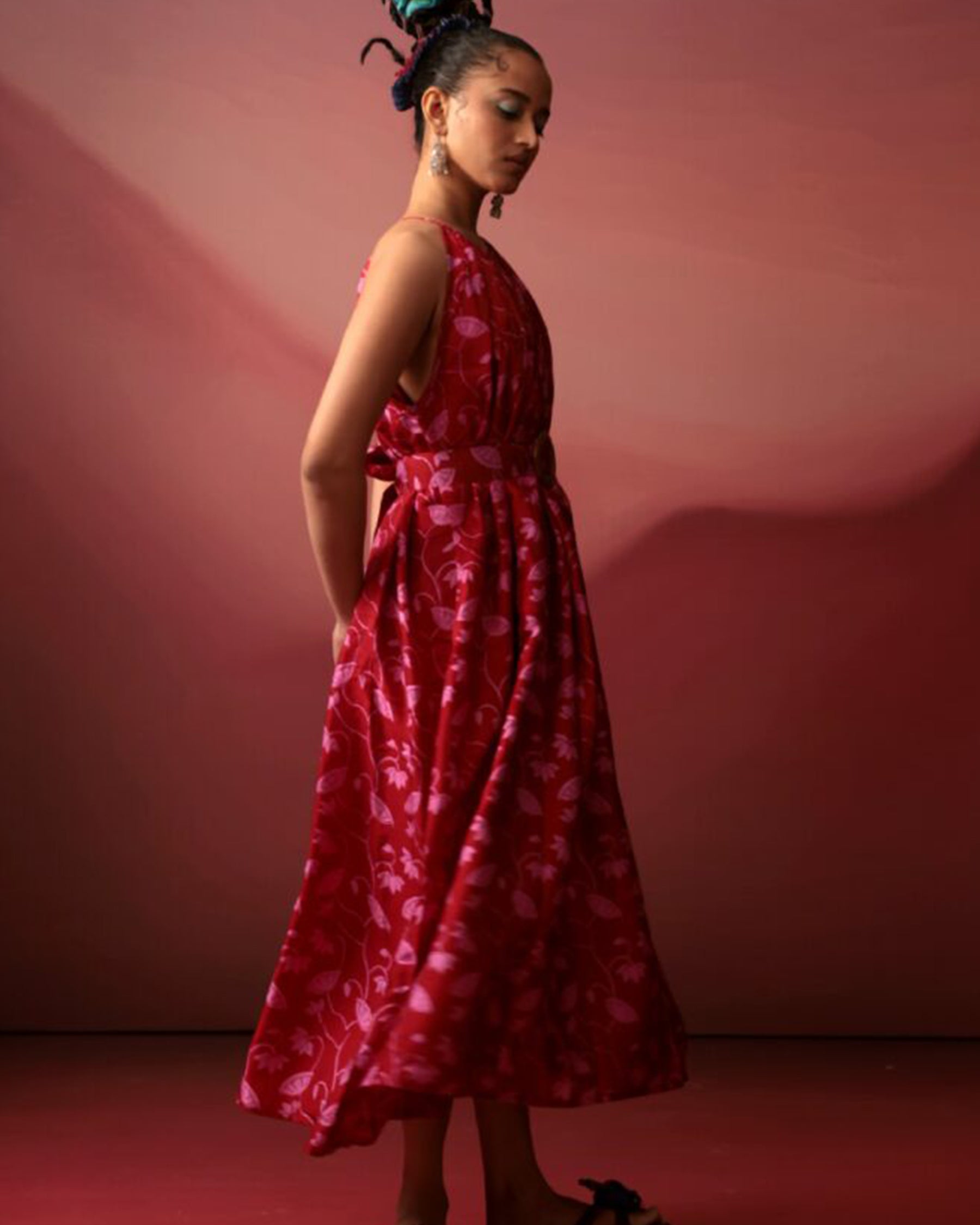 Crimson Floral Midi Dress DRESSES IKKIVI