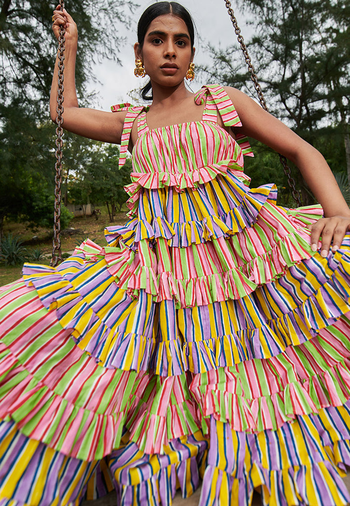 Bonbon Stripes Frilly Dress DRESSES Khajoor