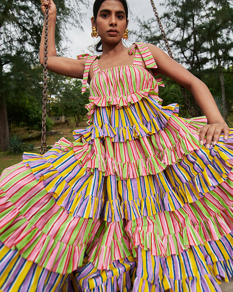 Bonbon Stripes Frilly Dress DRESSES Khajoor