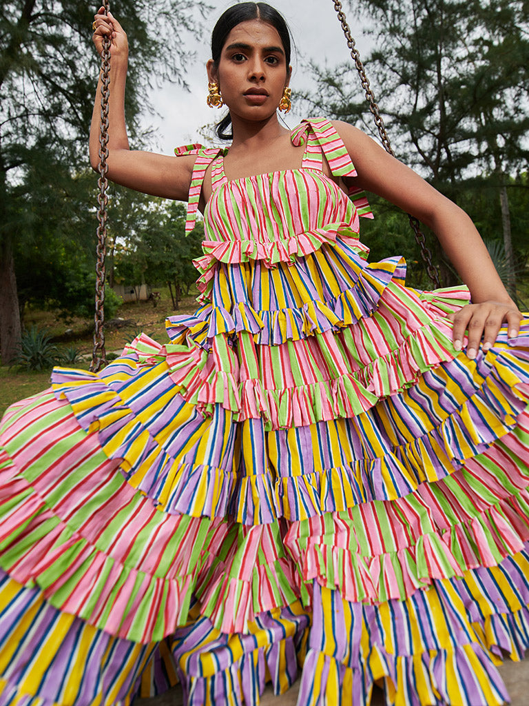 Bonbon Stripes Frilly Dress DRESSES Khajoor