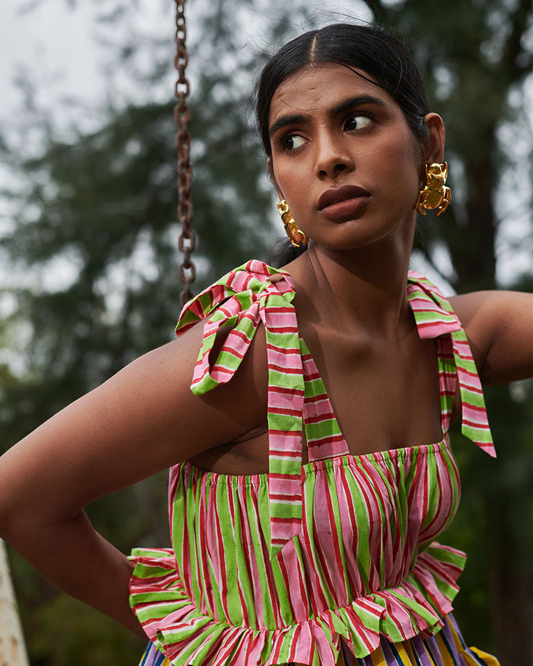 Bonbon Stripes Frilly Dress DRESSES Khajoor