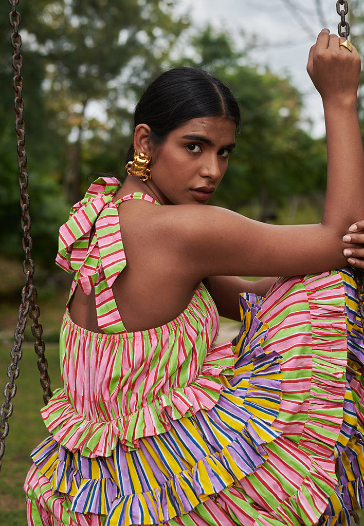 Bonbon Stripes Frilly Dress DRESSES Khajoor