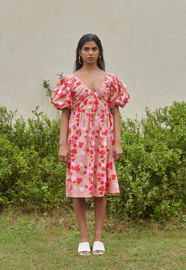 Le Blush Fleur Pleated Midi Dress DRESSES Khajoor