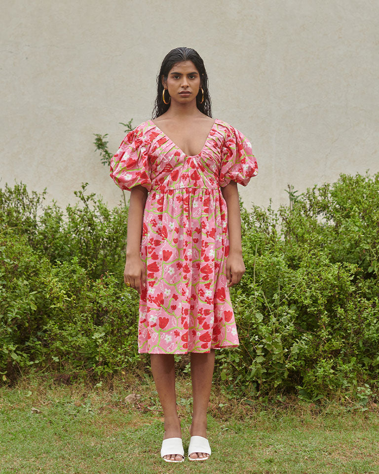 Le Blush Fleur Pleated Midi Dress DRESSES Khajoor