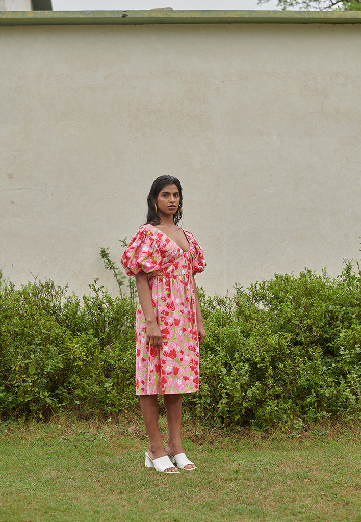 Le Blush Fleur Pleated Midi Dress DRESSES Khajoor