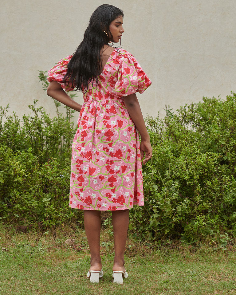 Le Blush Fleur Pleated Midi Dress DRESSES Khajoor