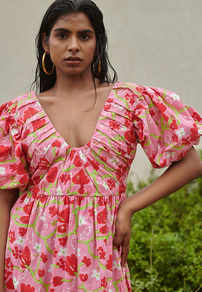 Le Blush Fleur Pleated Midi Dress DRESSES Khajoor