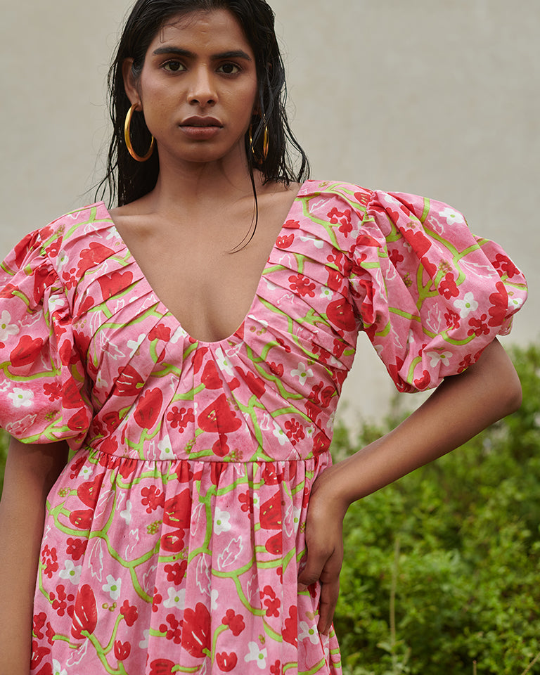 Le Blush Fleur Pleated Midi Dress DRESSES Khajoor