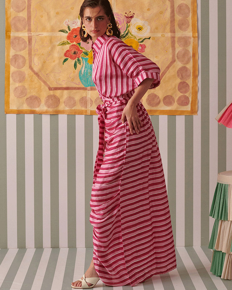 Blush Stripes Draped Shirt Dress DRESSES Khajoor