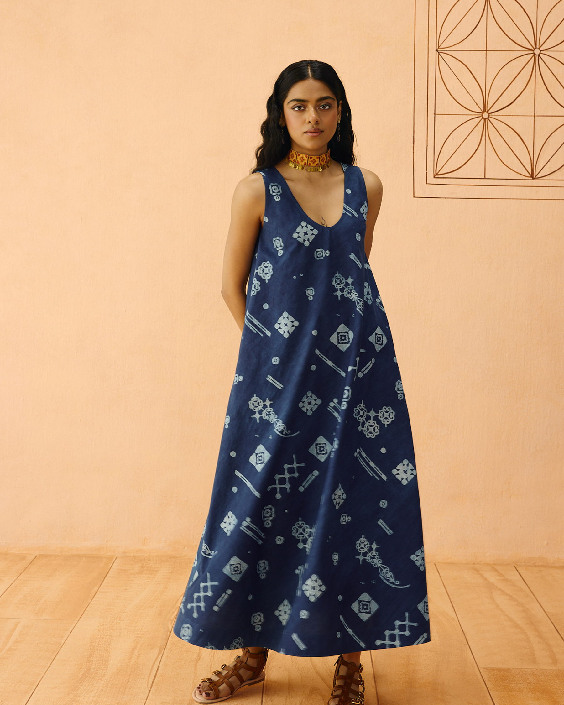 Indigo Ornament Organic Cotton Maxi Dress DRESSES SUI