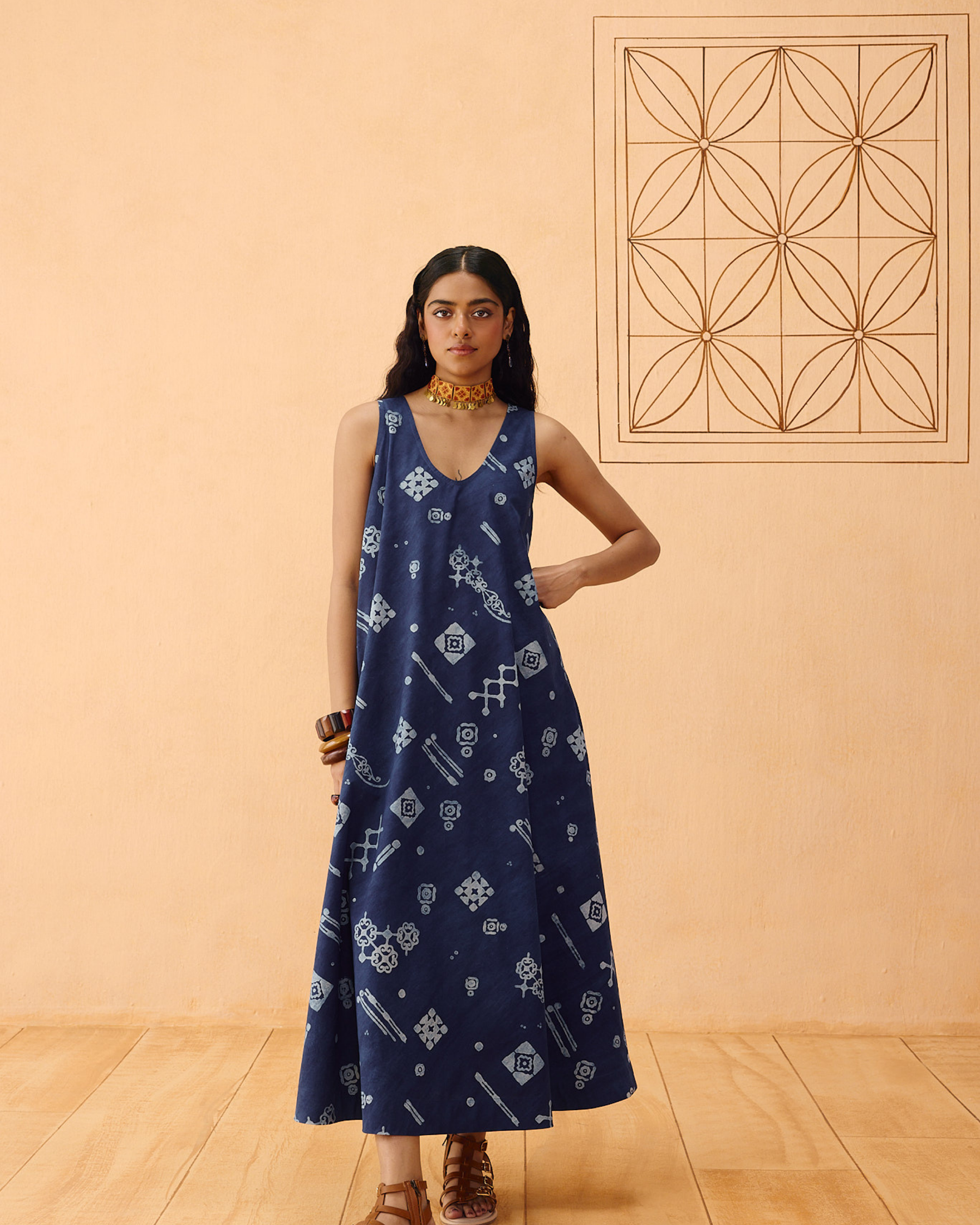 Indigo Ornament Organic Cotton Maxi Dress DRESSES SUI