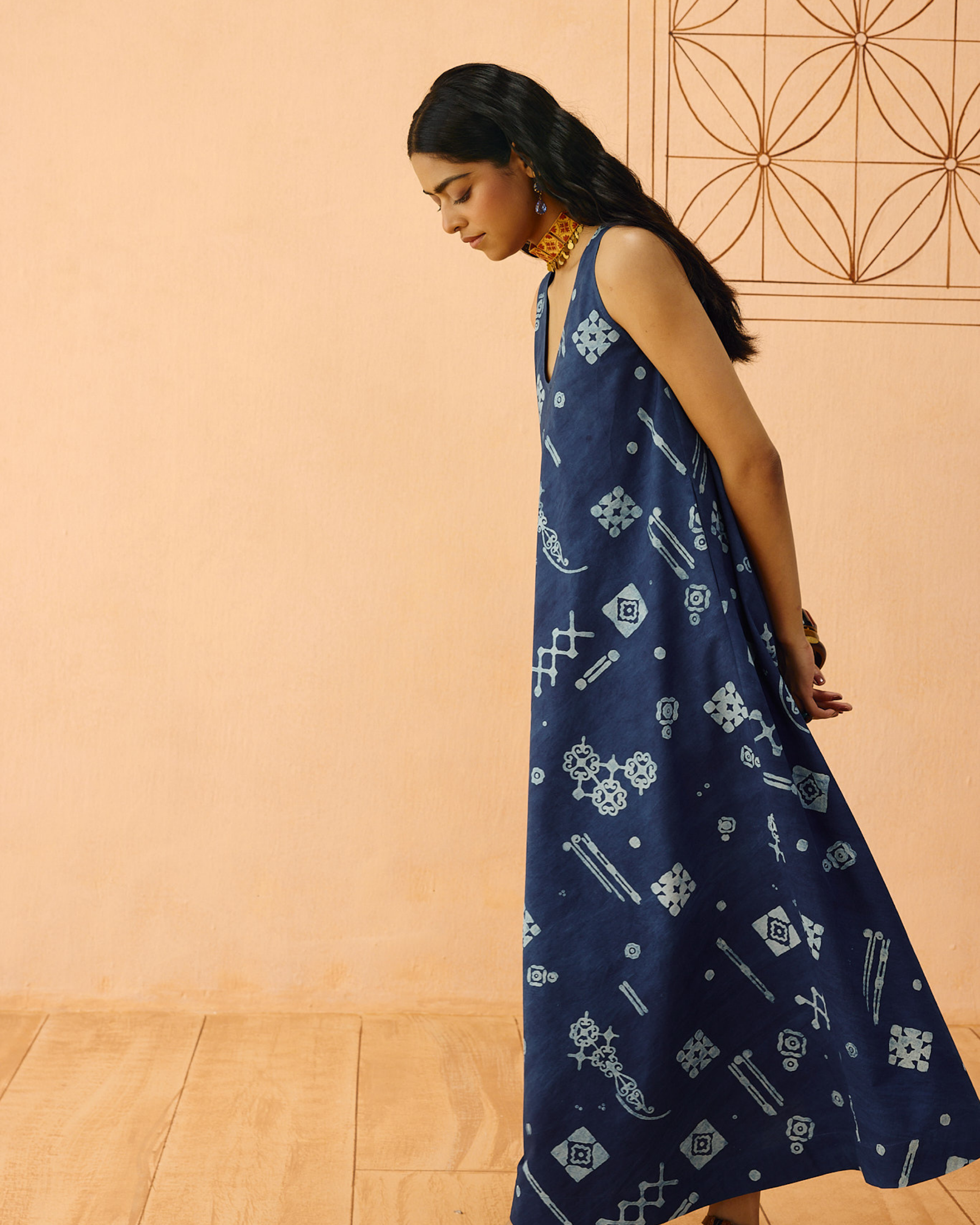 Indigo Ornament Organic Cotton Maxi Dress DRESSES SUI