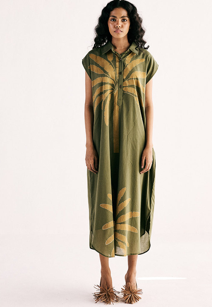 Olive Palm Shirt Dress DRESSES KHARA KAPAS