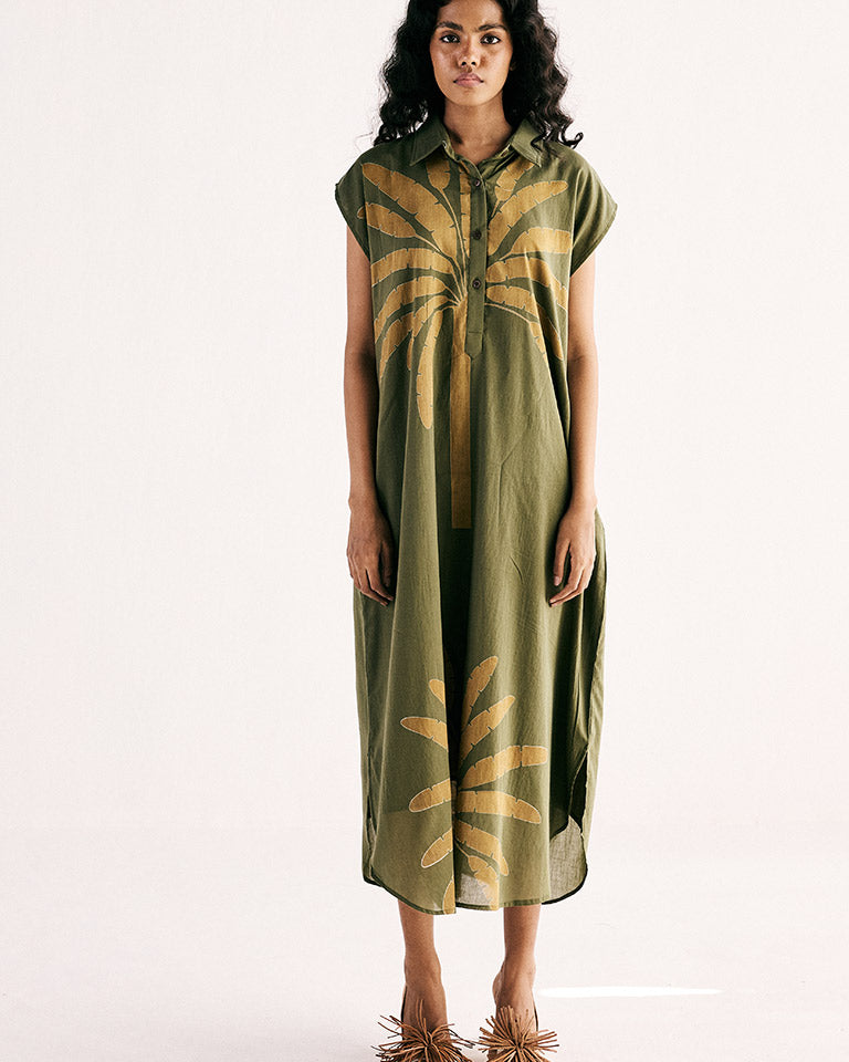 Olive Palm Shirt Dress DRESSES KHARA KAPAS