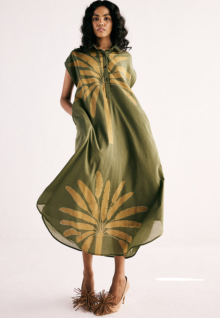 Olive Palm Shirt Dress DRESSES KHARA KAPAS