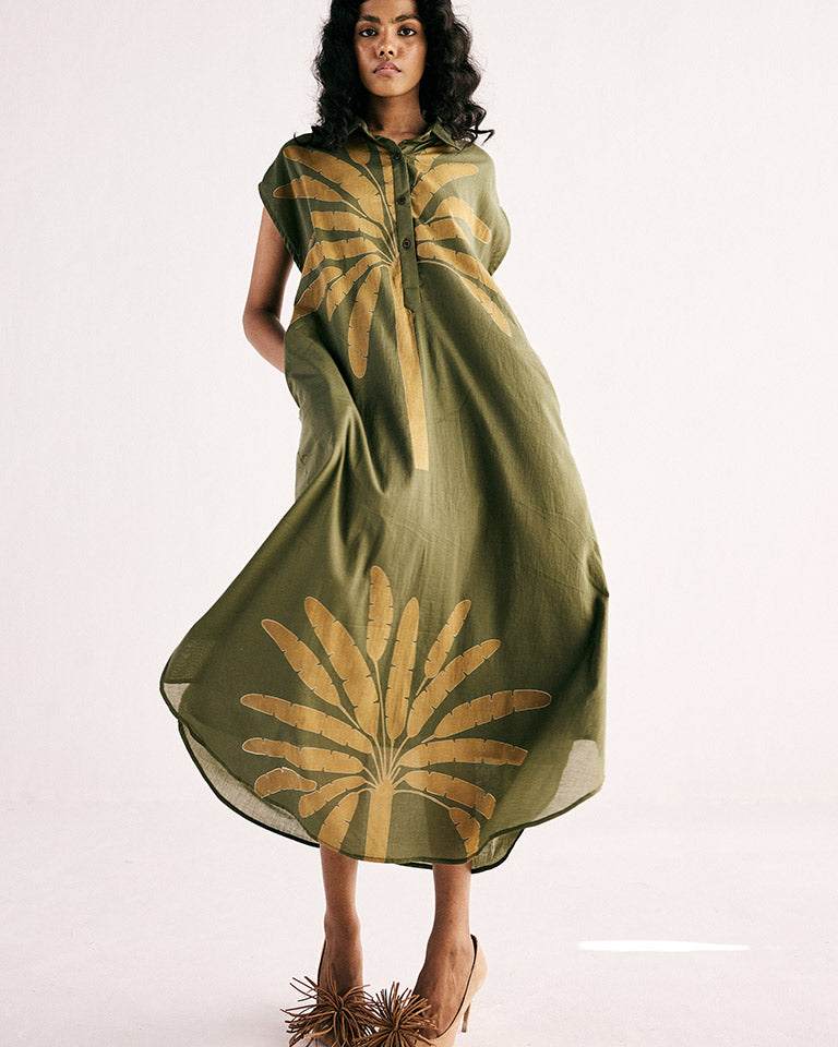 Olive Palm Shirt Dress DRESSES KHARA KAPAS