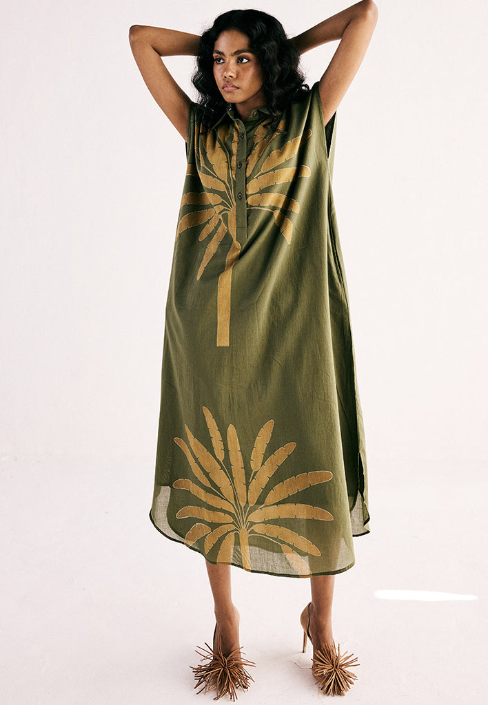 Olive Palm Shirt Dress DRESSES KHARA KAPAS