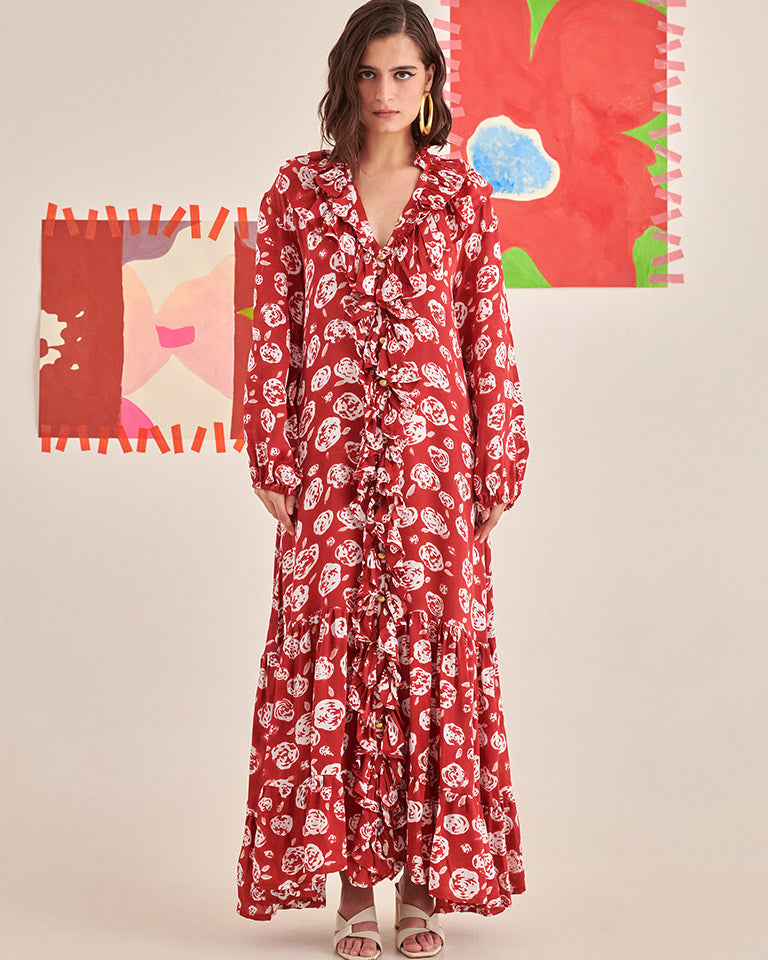 Rose Scarlet Ruffle Dress DRESSES Khajoor