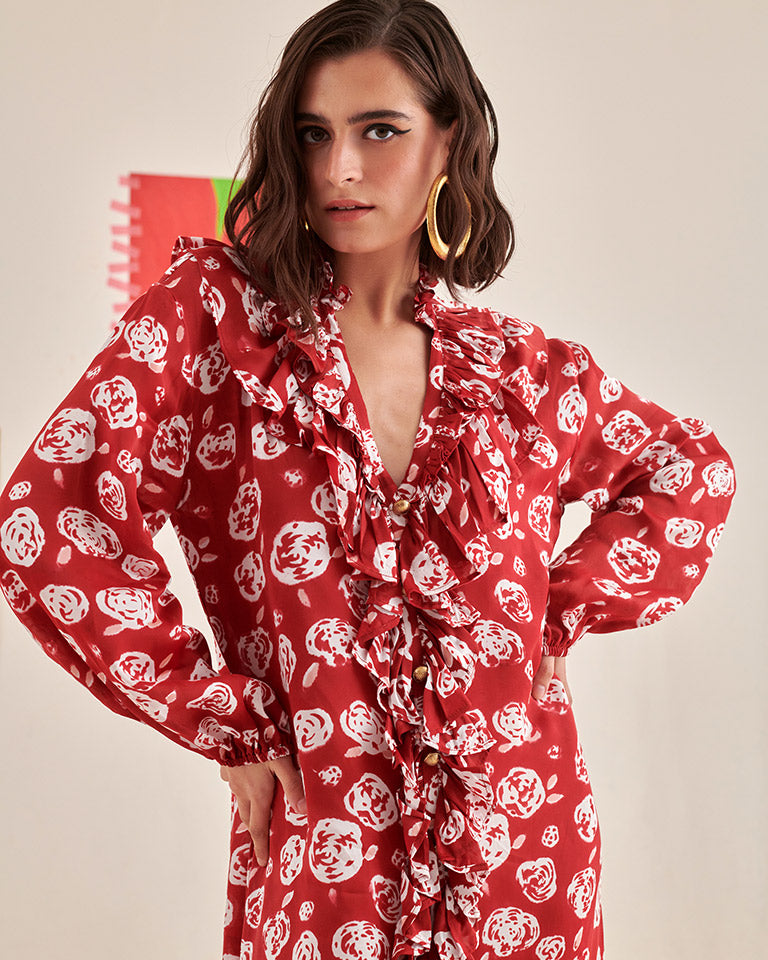 Rose Scarlet Ruffle Dress DRESSES Khajoor