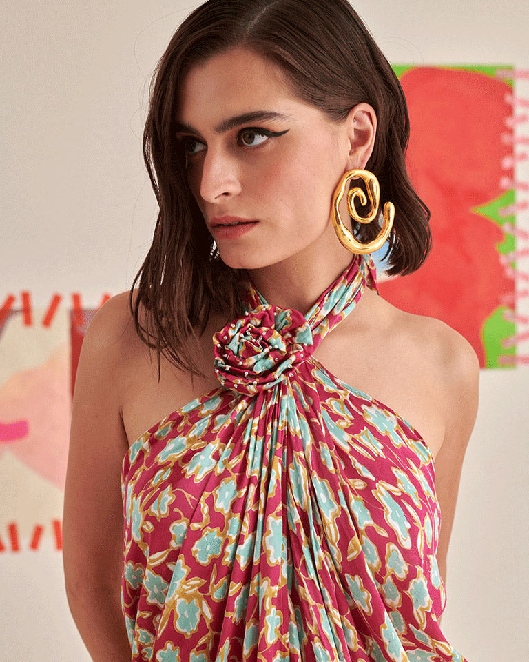 Floral Halter Neck Draped Dress DRESSES Khajoor