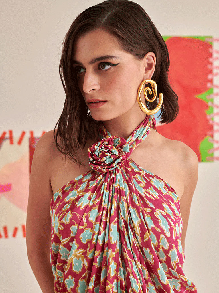 Floral Halter Neck Draped Dress DRESSES Khajoor