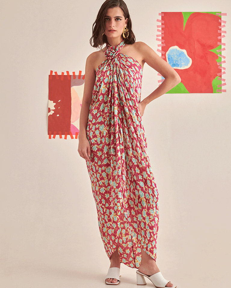 Floral Halter Neck Draped Dress DRESSES Khajoor