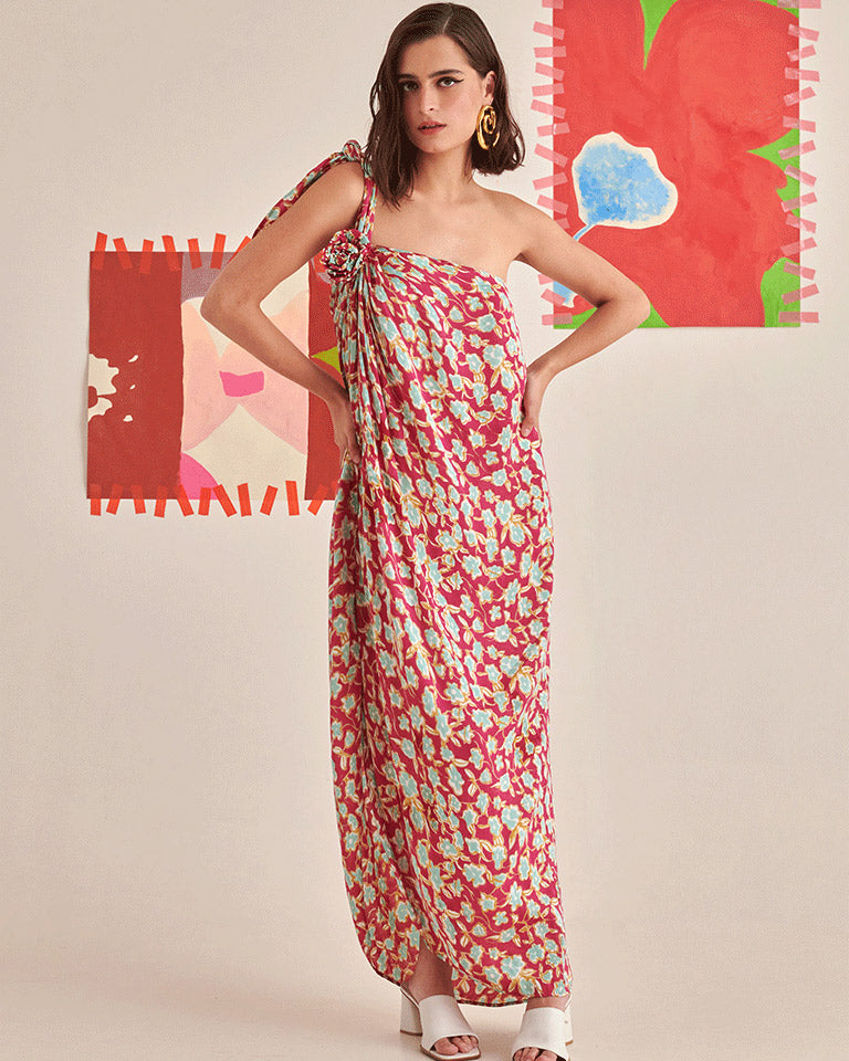 Floral Halter Neck Draped Dress DRESSES Khajoor