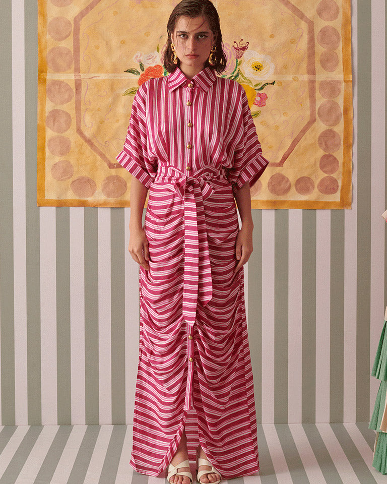 Blush Stripes Draped Shirt Dress DRESSES Khajoor