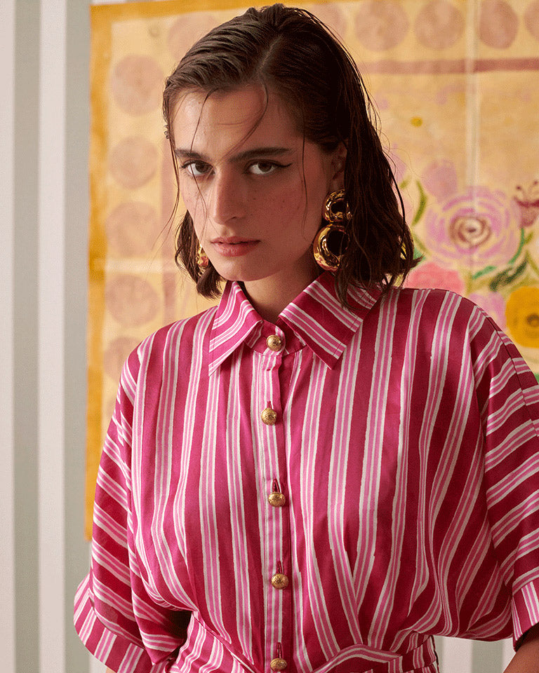 Blush Stripes Draped Shirt Dress DRESSES Khajoor