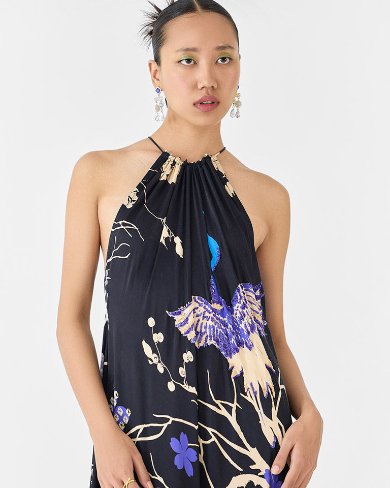 Black Crane Halter Dress DRESSES IKKIVI