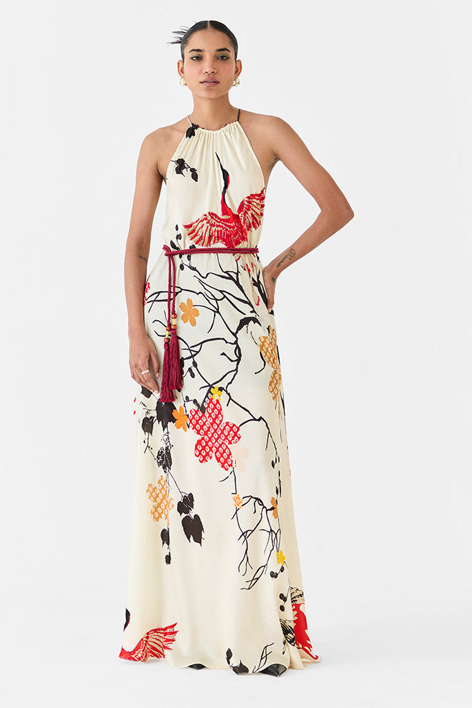 Red Crane Halter Dress DRESSES IKKIVI