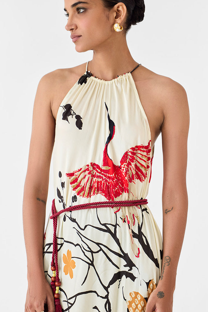 Red Crane Halter Dress DRESSES IKKIVI