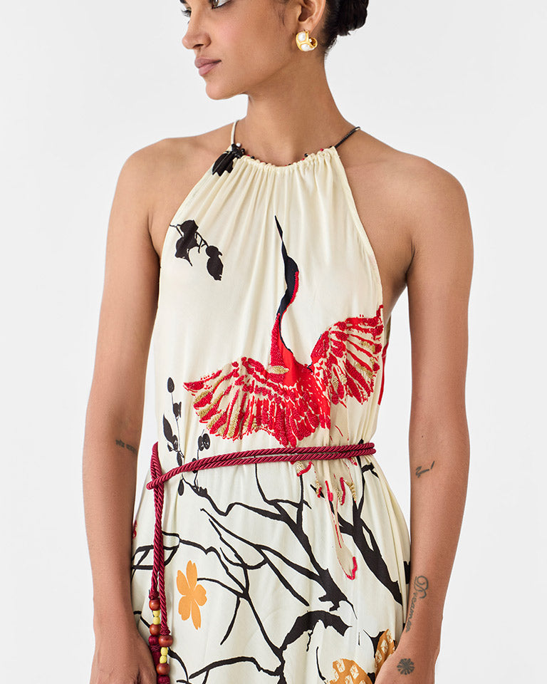 Red Crane Halter Dress DRESSES IKKIVI