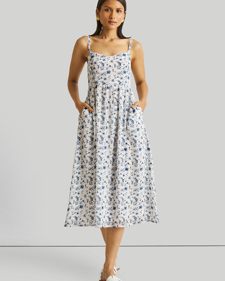 Strappy Gathered Blue Floral Dress DRESSES Reistor