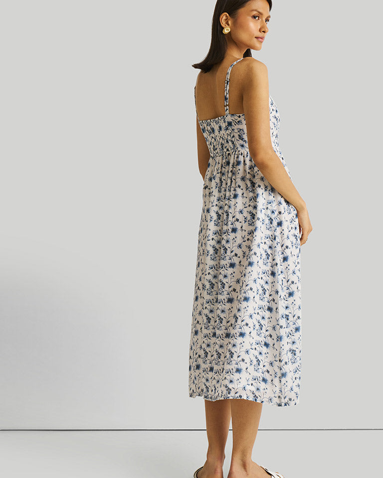 Strappy Gathered Blue Floral Dress DRESSES Reistor