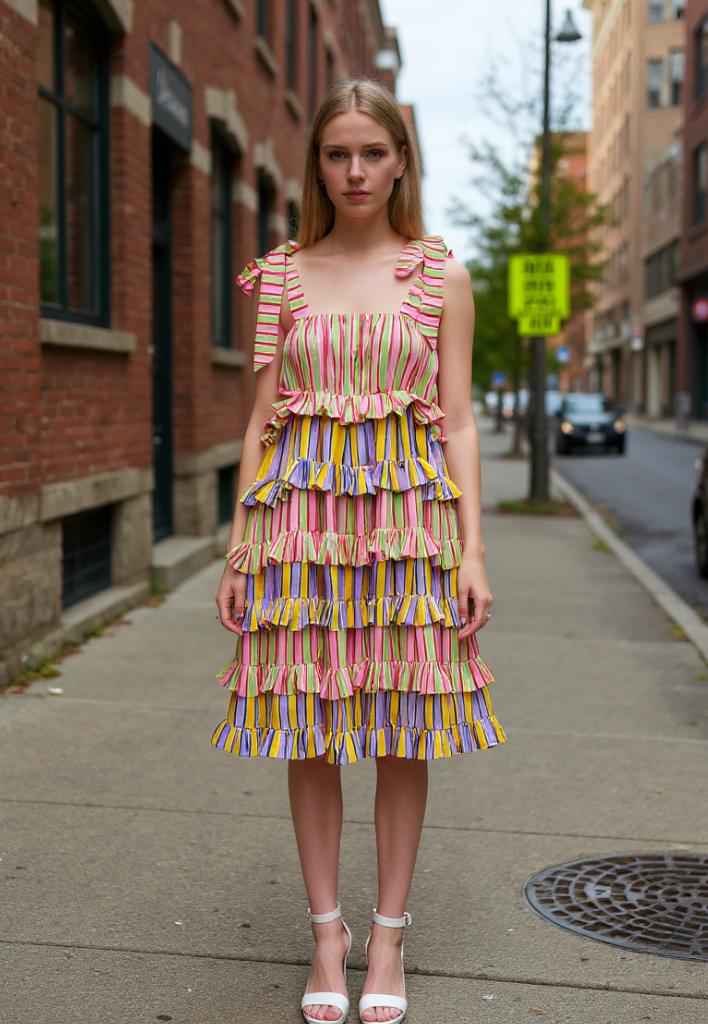 Bonbon Stripes Frilly Dress DRESSES Khajoor