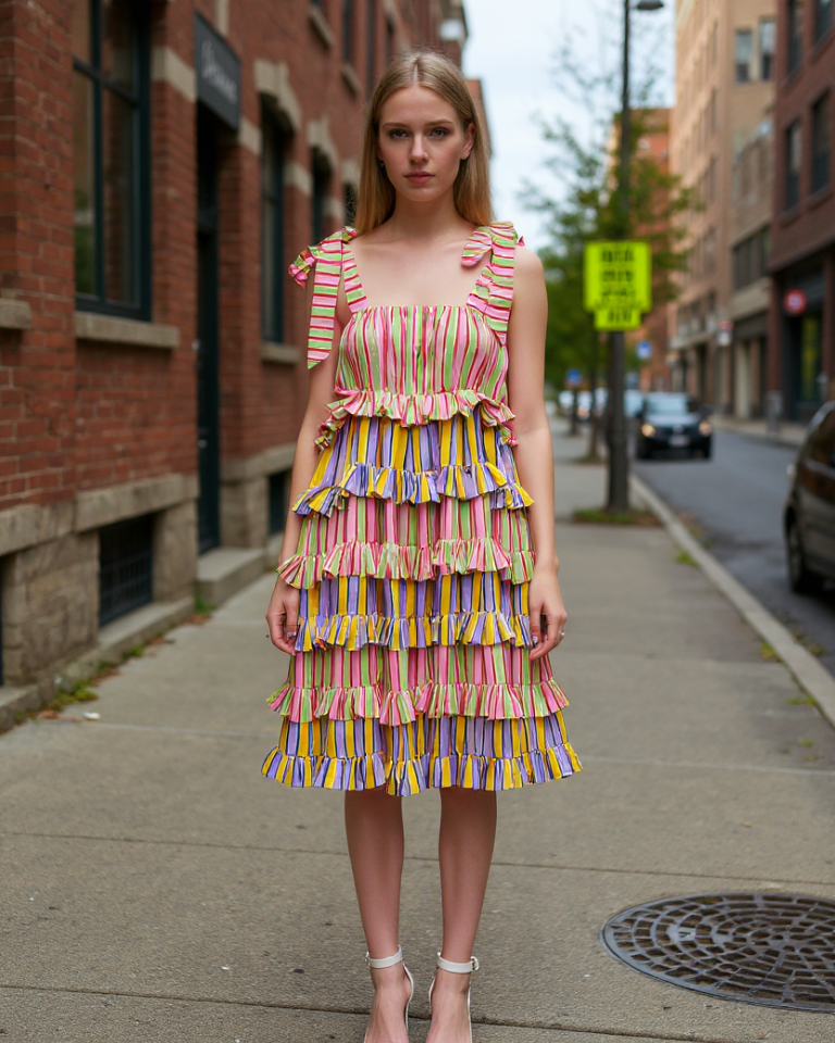 Bonbon Stripes Frilly Dress DRESSES Khajoor