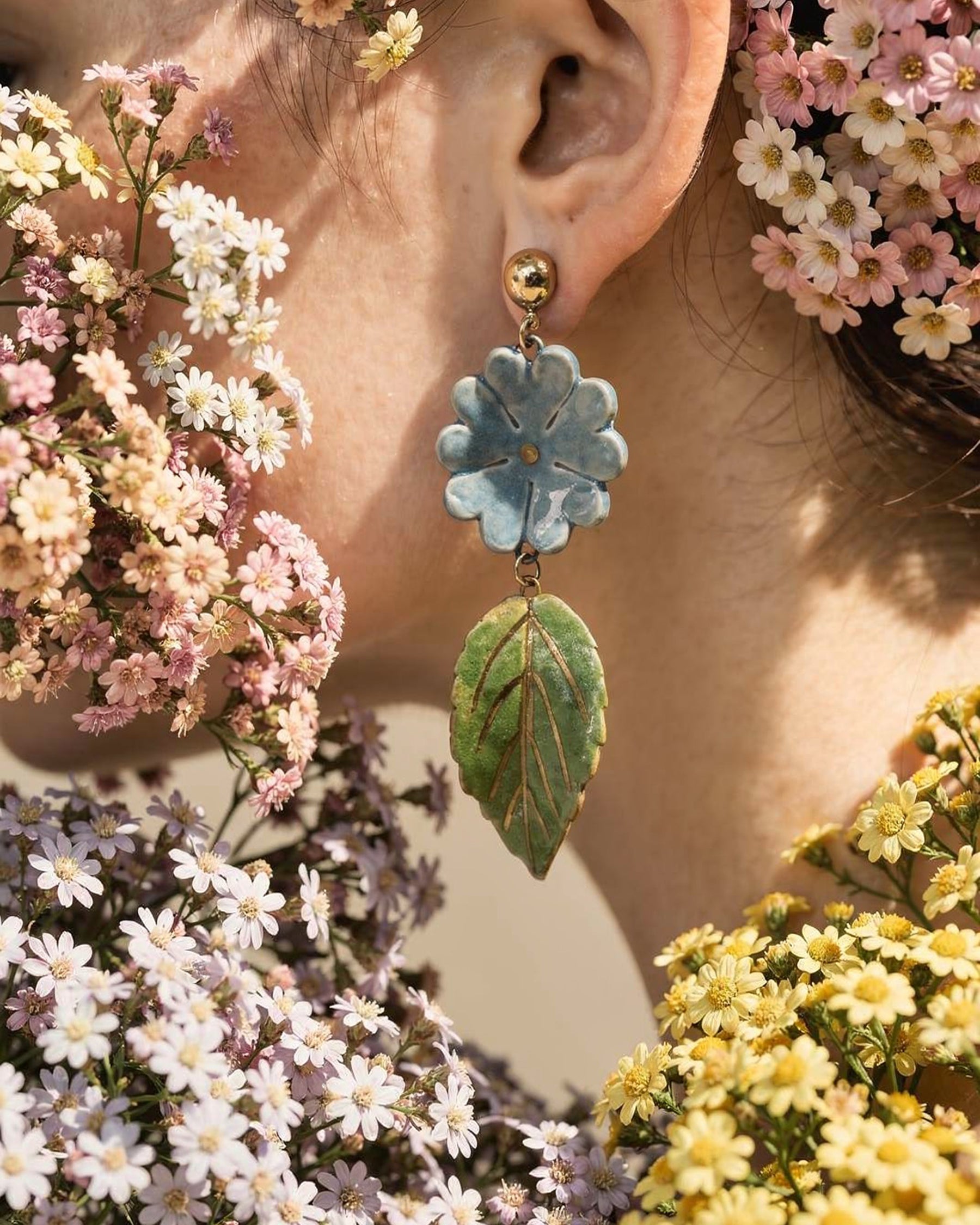 Blue Flora Leaf Dangler Earrings ACCESSORIES IKKIVI