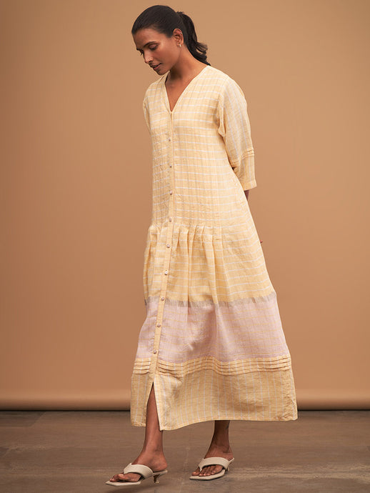 Rasa Pleated Handloom Linen Dress DRESSES Manan   