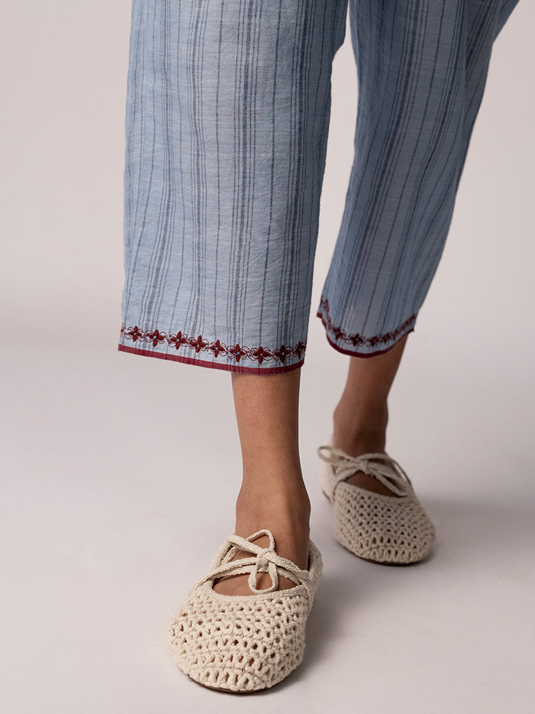 Anjira Pants Blue Cotton Stripe BOTTOMS IKKIVI   