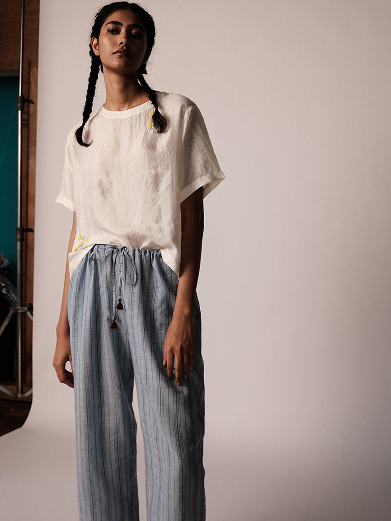 Anjira Pants Blue Cotton Stripe BOTTOMS IKKIVI   