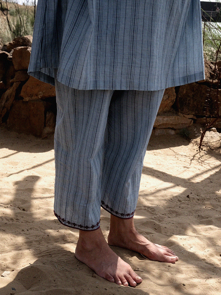 Anjira Pants Blue Cotton Stripe BOTTOMS IKKIVI   