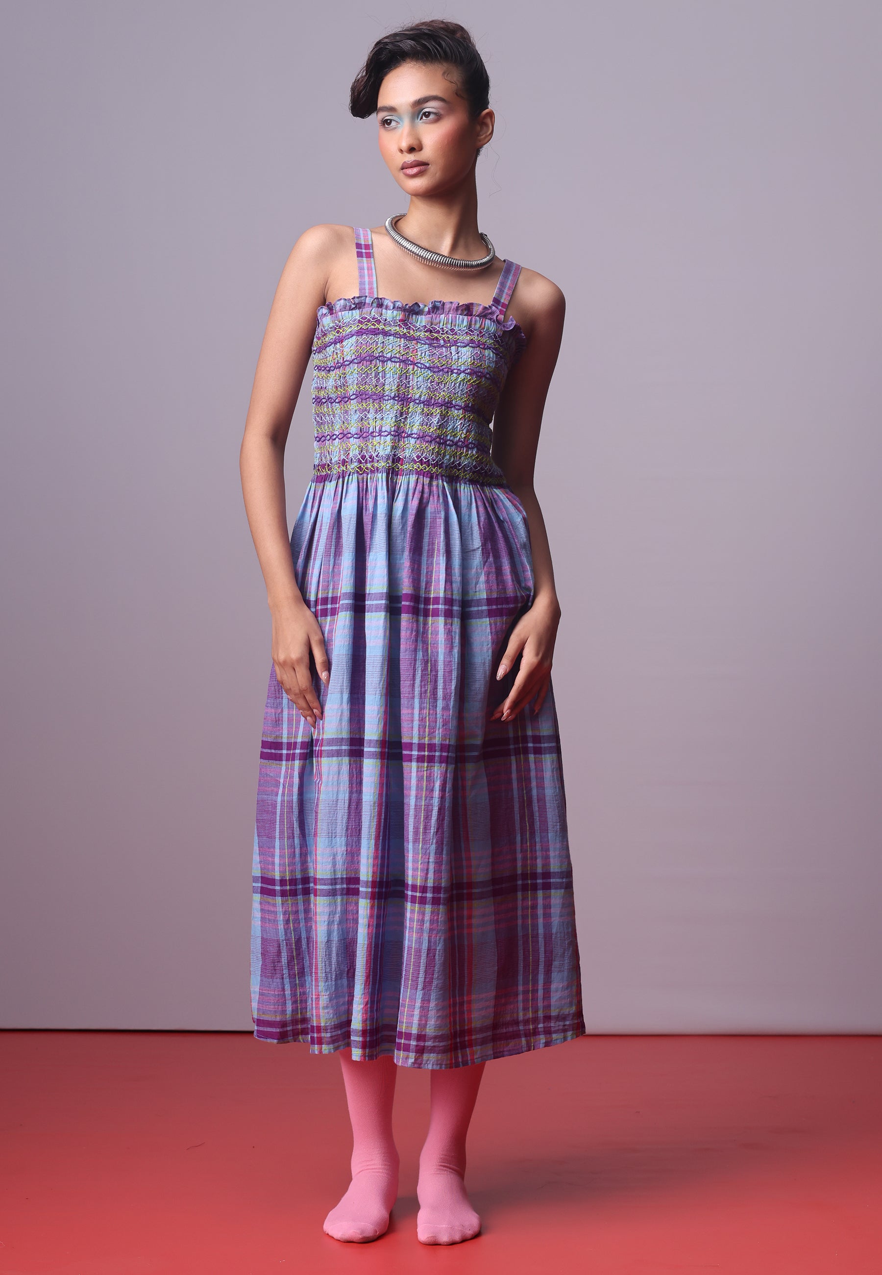 Lamara Smocked Dress | Womens Midi Smocked Check Cotton Dress | IKKIVI Lamara Smocked Dress | Womens Midi Smocked Check Cotton Dress | IKKIVI