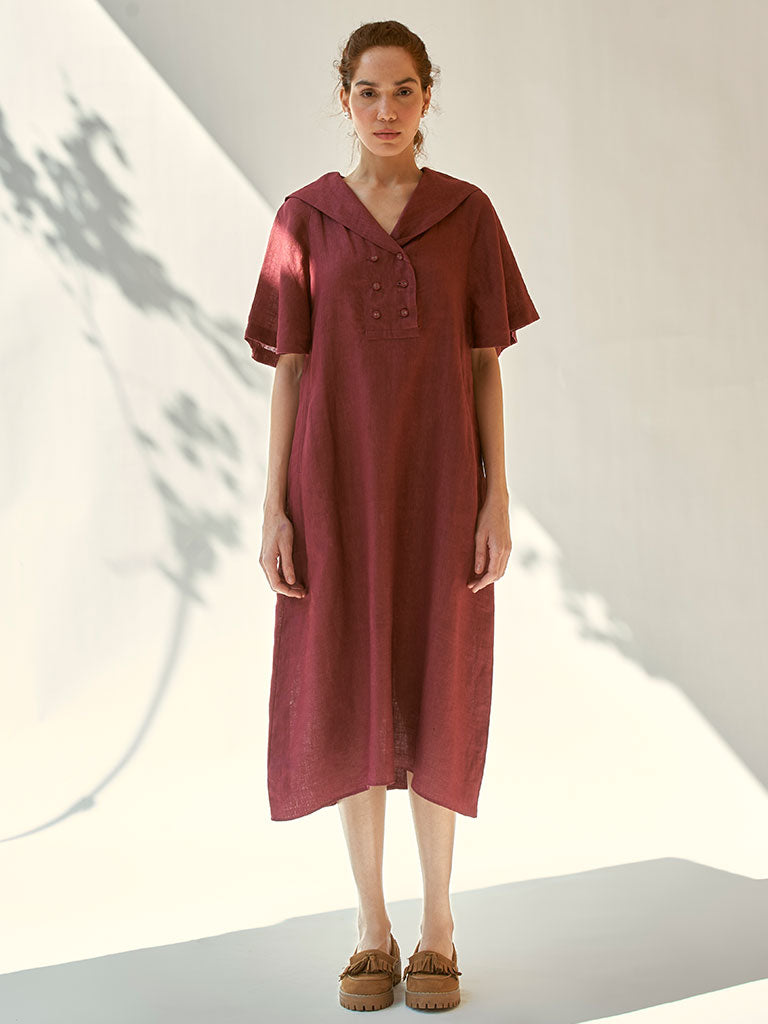 Anytime Burgundy Dress | Womens A-Line Midi Linen Dress | IKKIVI Anytime Burgundy Dress | Womens A-Line Midi Linen Dress | IKKIVI