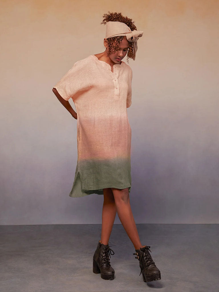 Ombre Block Dress Pink Green | Womens Midi Linen Dress | IKKIVI Ombre Block Dress Pink Green | Womens Midi Linen Dress | IKKIVI