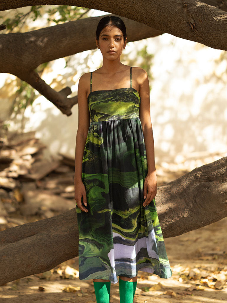 Ella Green Dress | Womens Green Midi Printed Dress | Doodlage