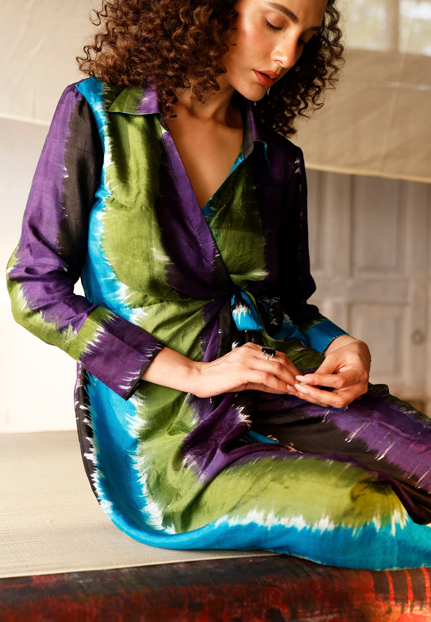 Chromatic Drift Wrap Silk Dress DRESSES IKKIVI
