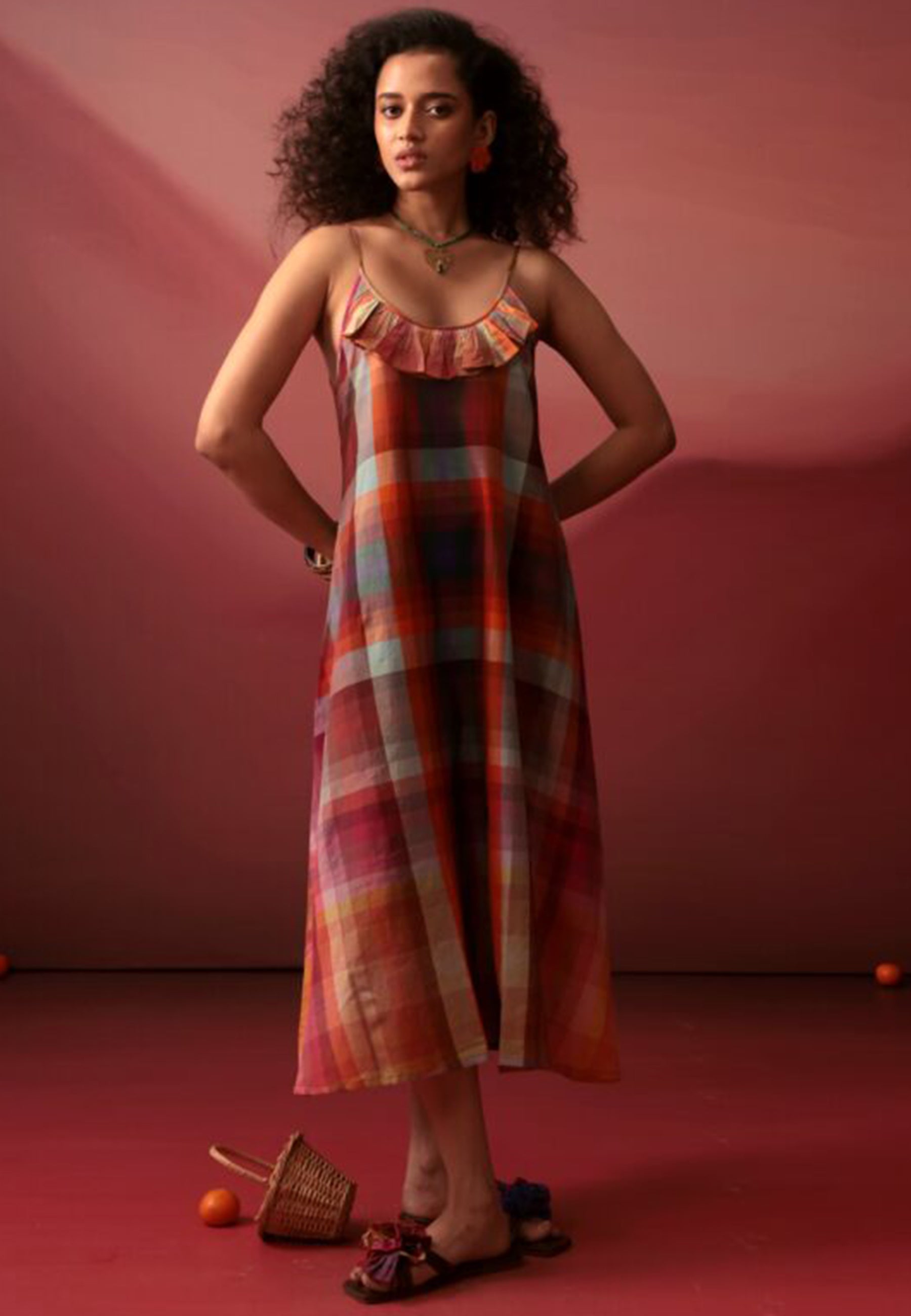 Sunset Plaid Slip Dress | Womens Midi Plaid Cotton Slip Dress